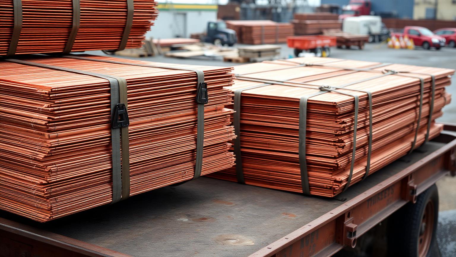 Copper cathode bundles strapped to a flatbed trailer for corridor haulage