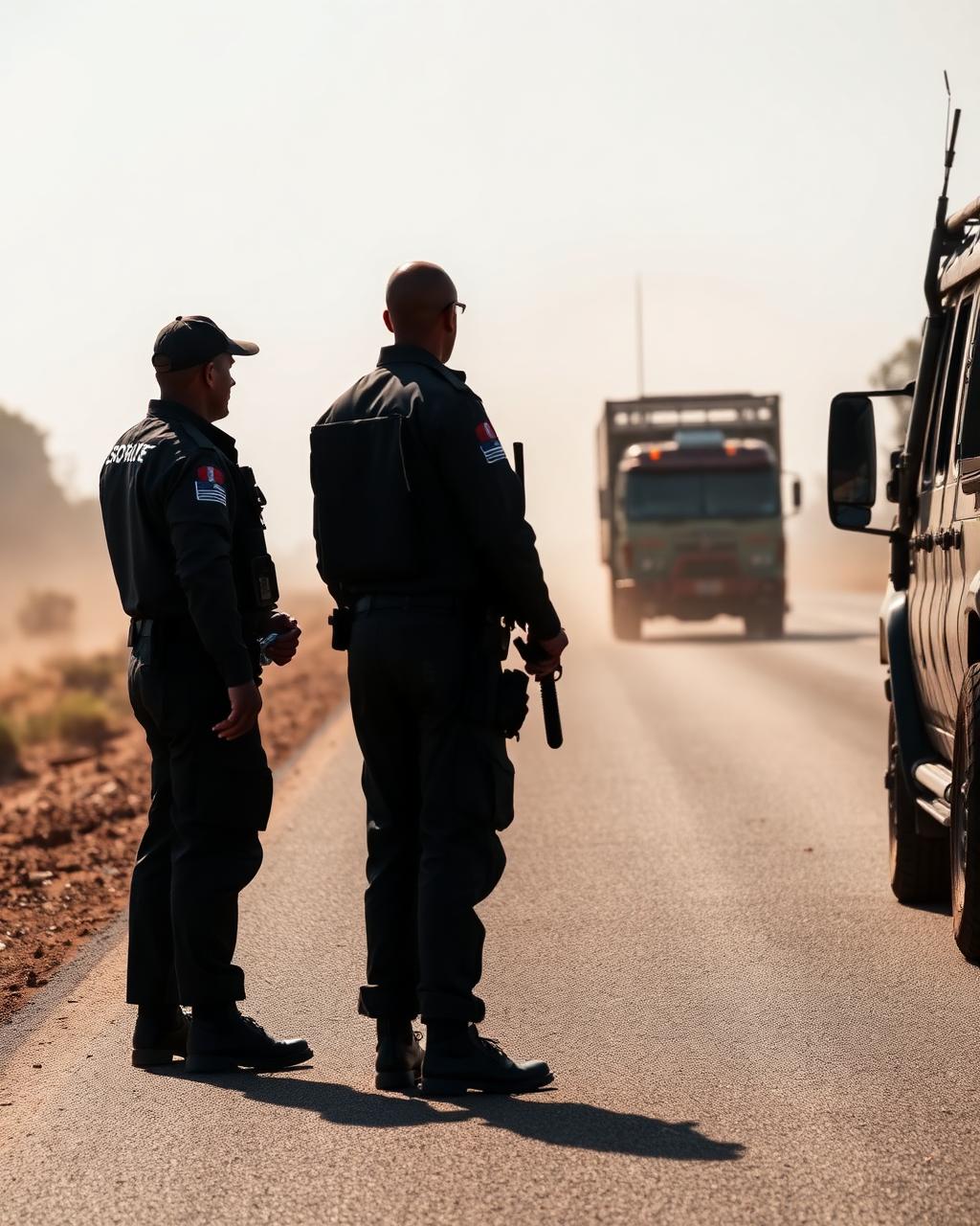 Eagle Star Group escort officers beside the lead vehicle of a Copperbelt convoy