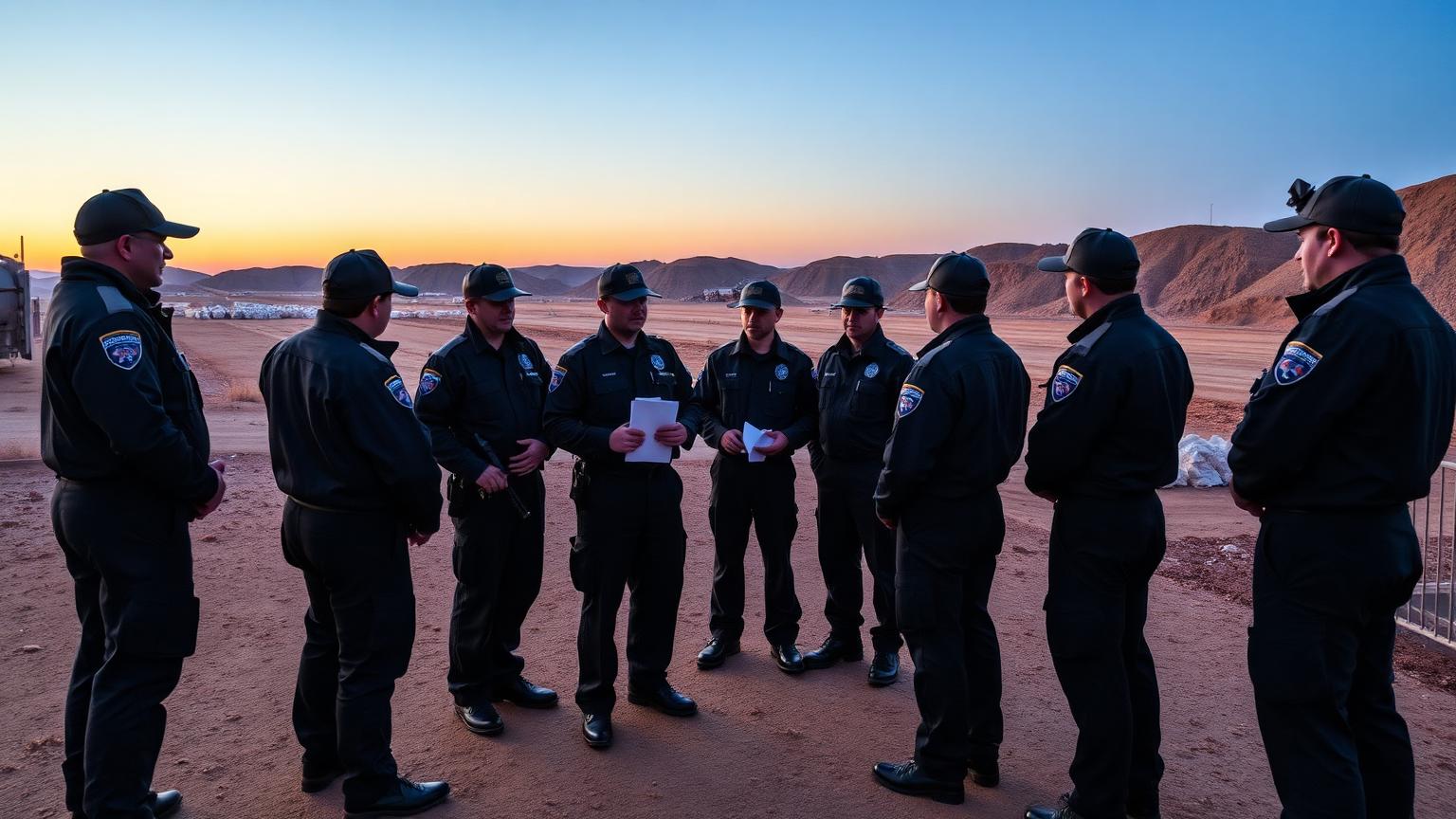Security officers at a first light shift briefing on a Copperbelt mine site