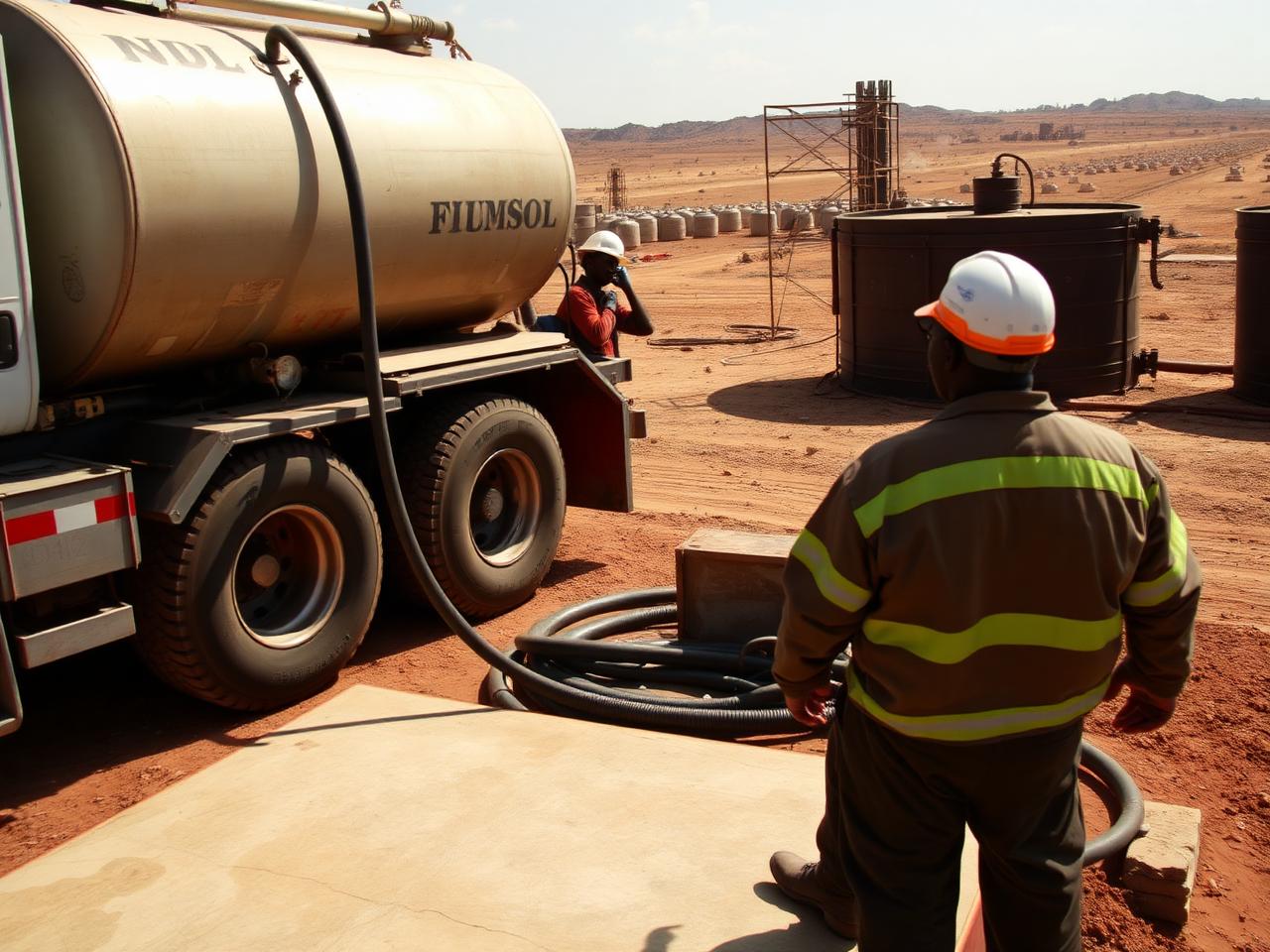 Fuel tanker discharging into storage tanks at a Copperbelt mine depot