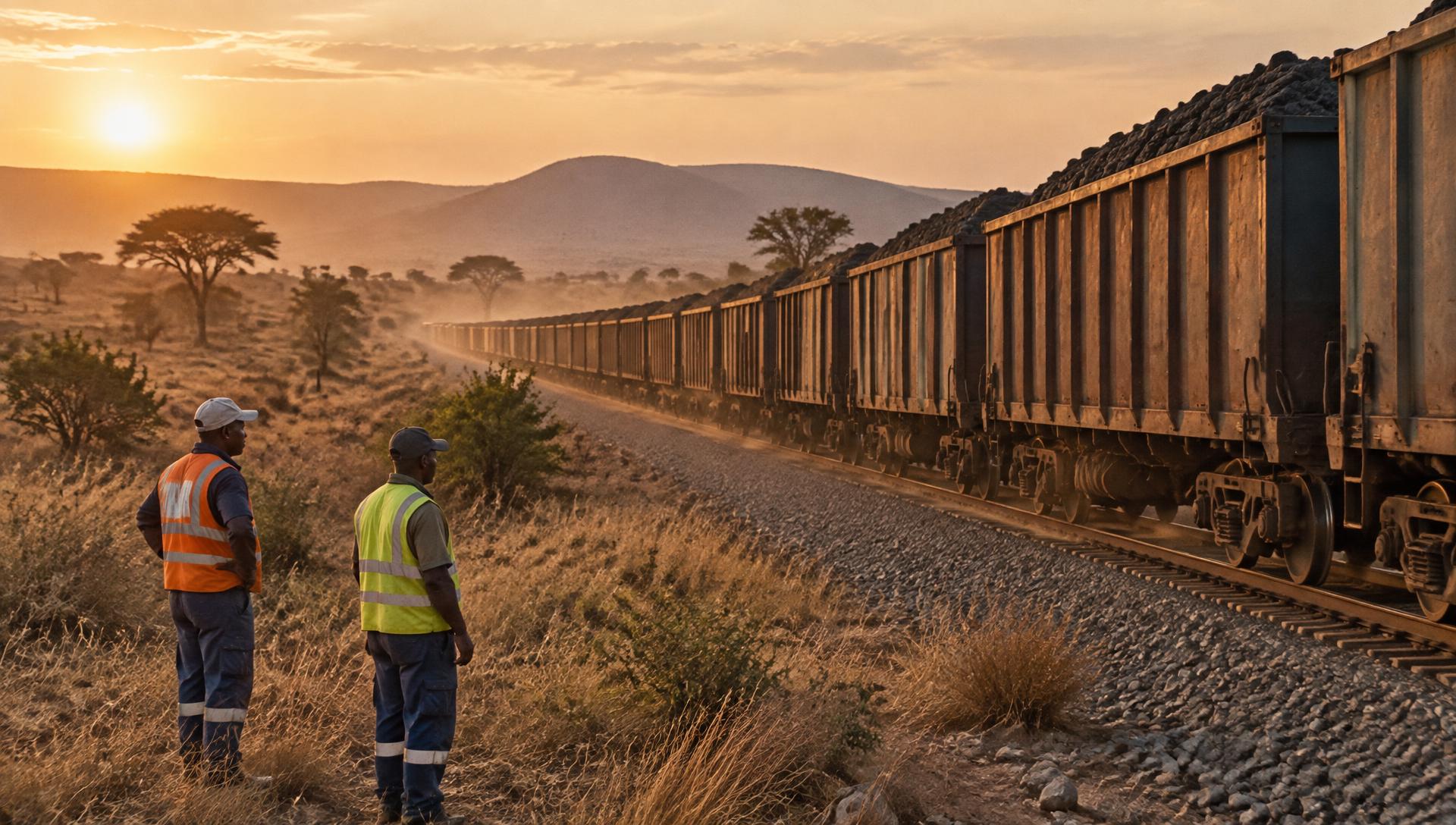 Freight train of ore wagons on the Copperbelt railway at sunset
