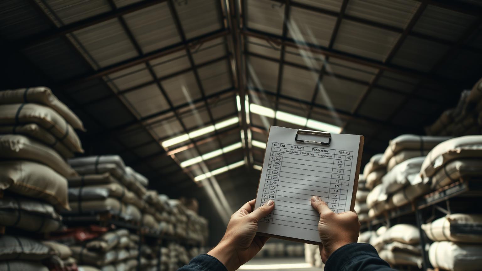 Warehouse mineral stock counted against a tally sheet during an Eagle Star Group seller verification visit